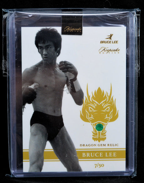 Limited edition Bruce Lee Dragon Gem Relic trading card with green onyx, numbered 7 out of 50
