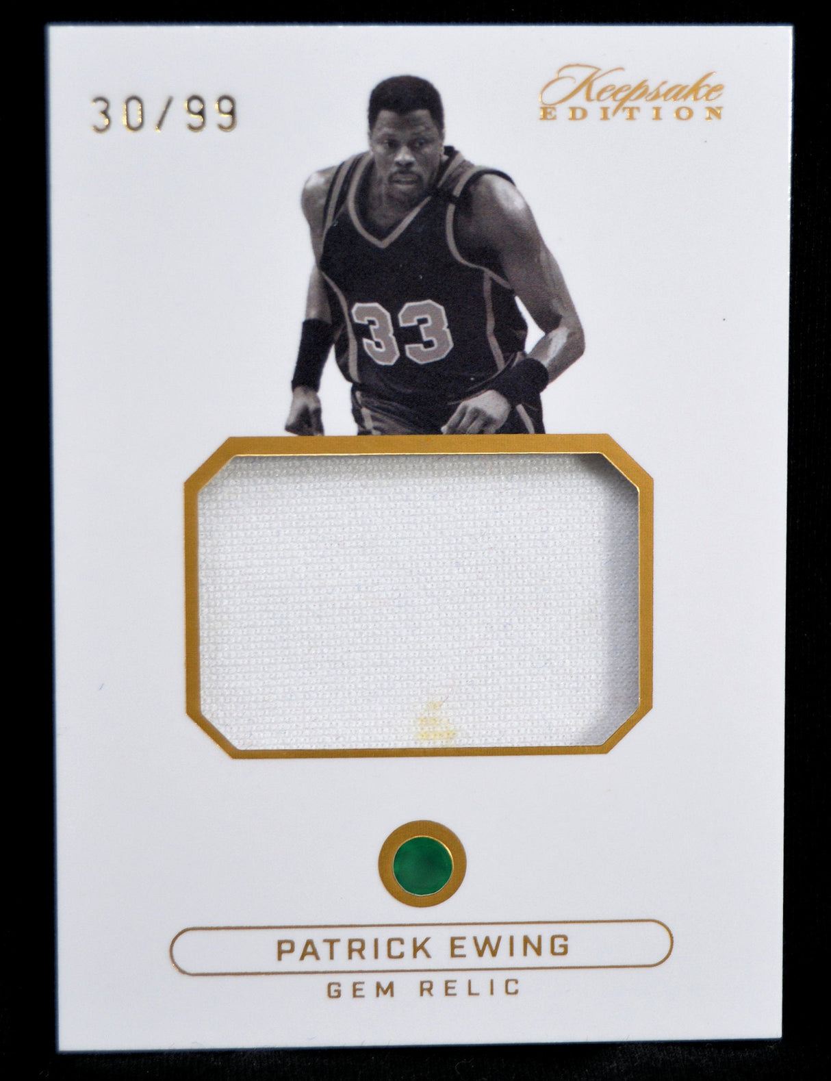 Patrick Ewing gem relic keepsake edition card, numbered 30/99, featuring a fabric relic