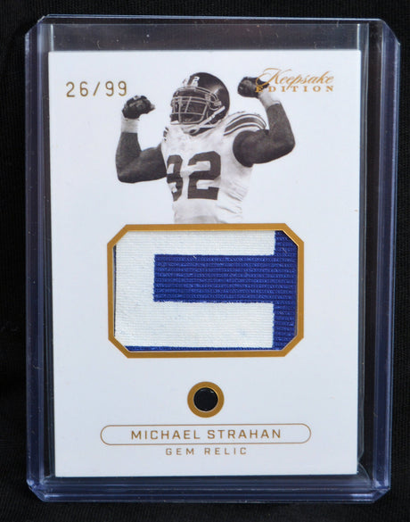 Michael Strahan Gem Relic Keepsake Edition sports card featuring jersey patch, numbered 26/99
