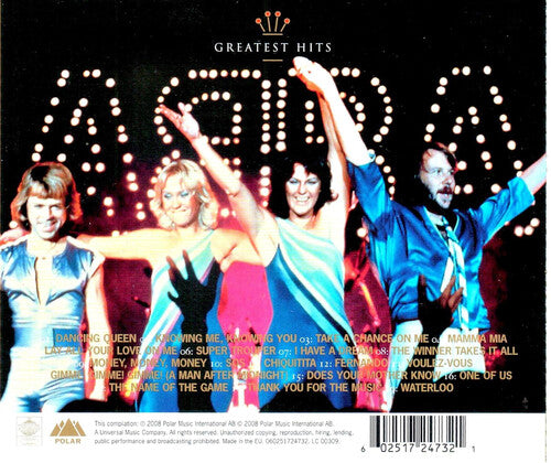 ABBA band members on stage with Greatest Hits tracklist on album back cover