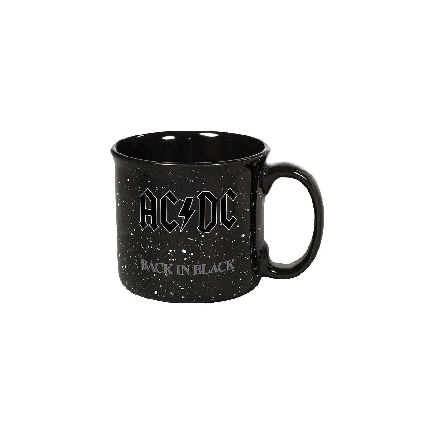A 20 oz ceramic mug with a black design and the text 'AC/DC BACK IN BLACK' printed on the side.