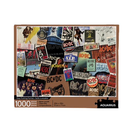 A puzzle piece with an image related to AC/DC albums, featuring various colorful graphics and text.