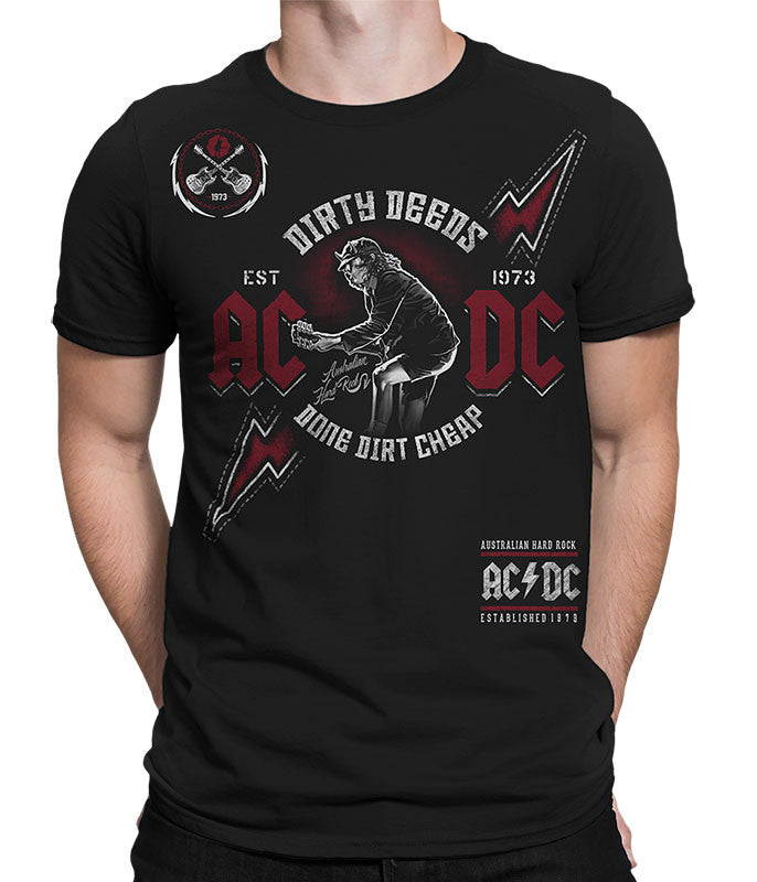 Black t-shirt with AC/DC graphic design on a white background
