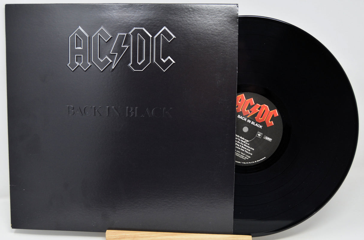 Vinyl record and cover of AC/DC's 'Back in Black' on a white background