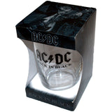 A beer glass with 'AC/DC Back in Black' text and album cover imagery on it, presented in a black packaging with a clear window.