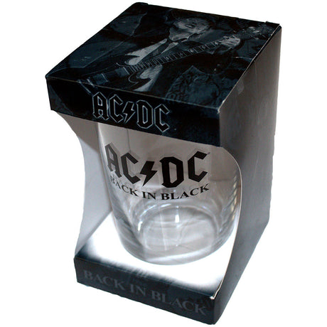 A beer glass with 'AC/DC Back in Black' text and album cover imagery on it, presented in a black packaging with a clear window.