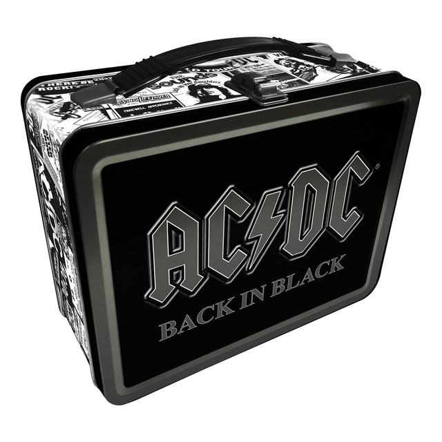 AC/DC 'Back in Black' lunch box with band logo and album cover design.