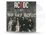 Vinyl record cover for AC/DC album titled 'Melbourne 1974' featuring black and white photo of the band members.