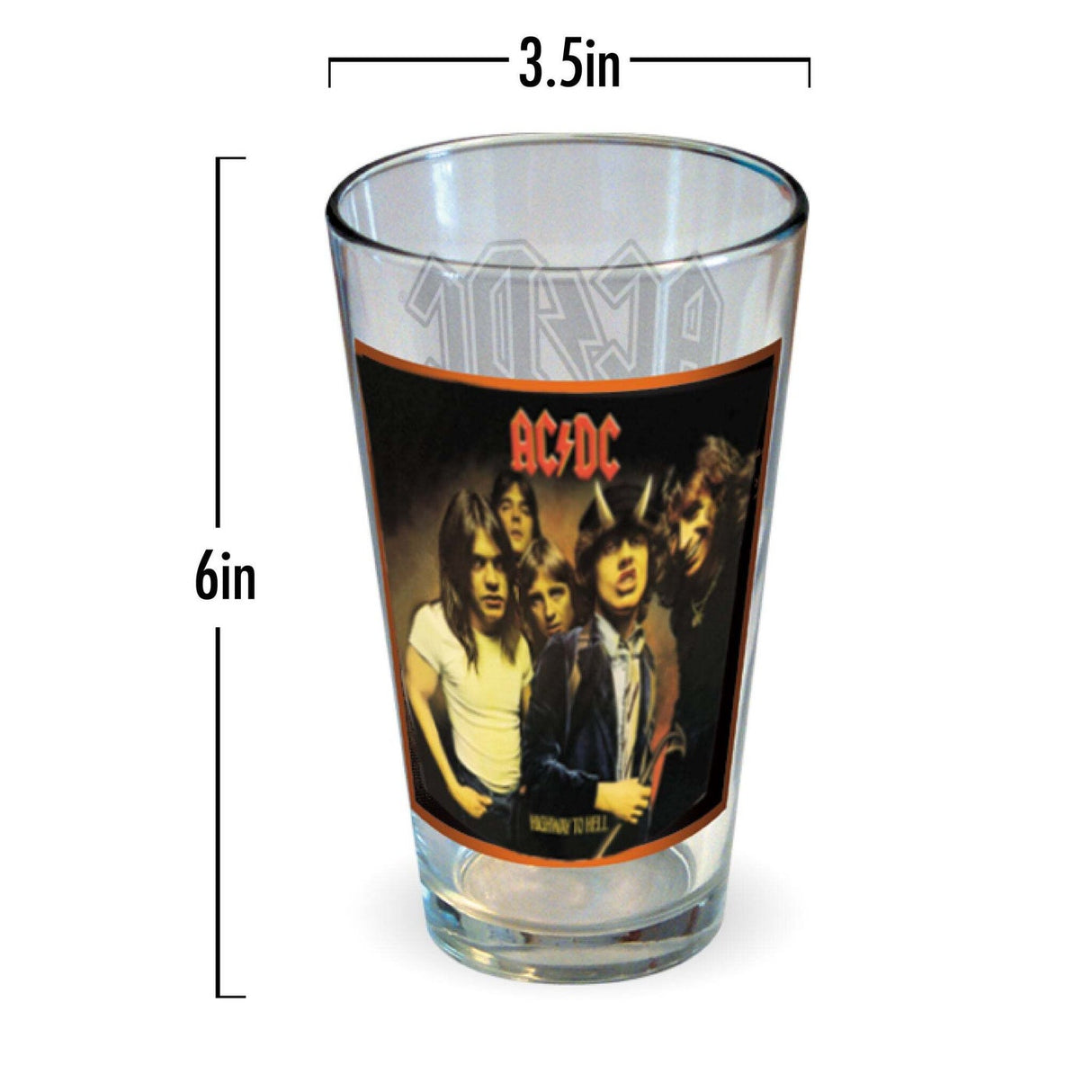 A set of four AC/DC branded 16 oz pint glasses, each with a different album image from the band's popular releases, presented in an official licensed product box.