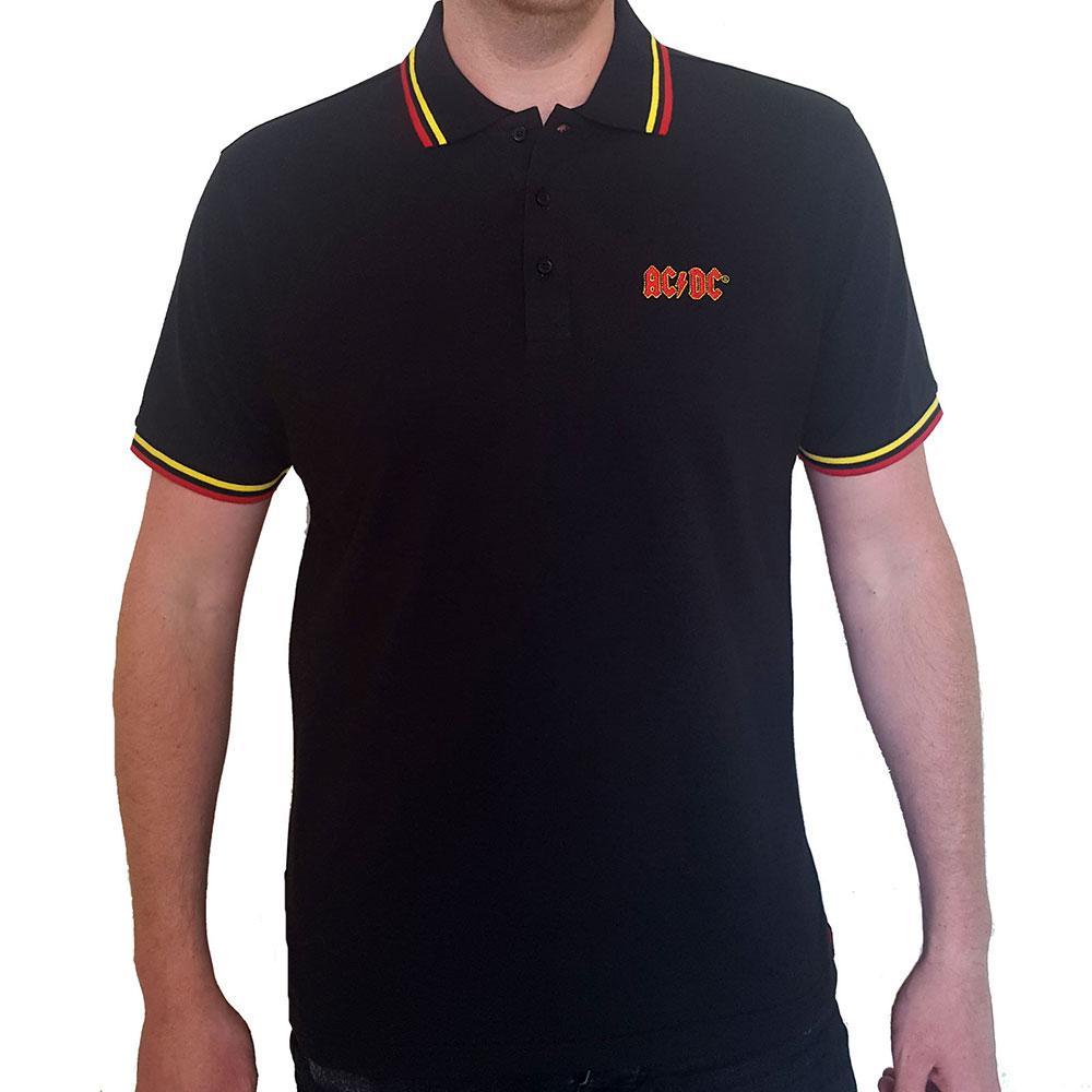 Black polo shirt with AC/DC logo on a white background
