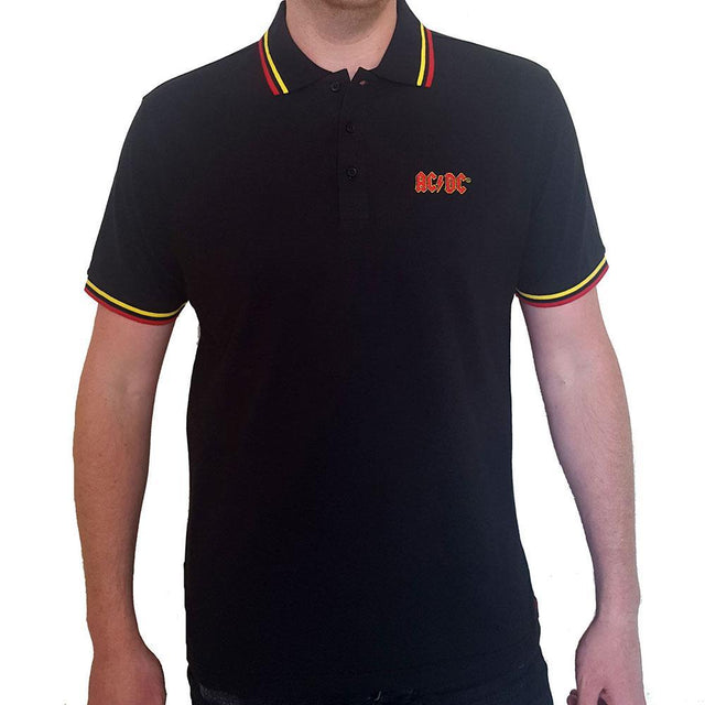 Black polo shirt with AC/DC logo on a white background