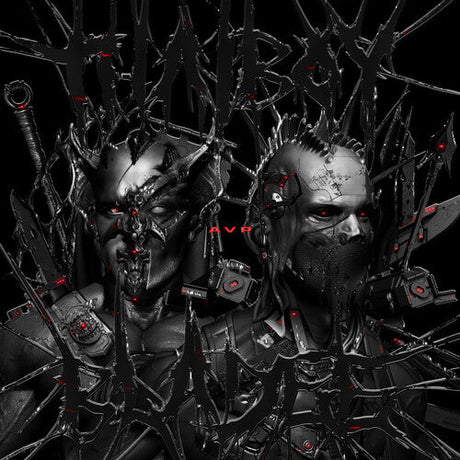 Dark cyberpunk AVP album cover with two armored futuristic figures and spiked black lettering