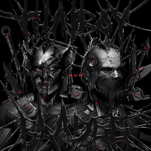 Dark cyberpunk AVP album cover with two armored futuristic figures and spiked black lettering