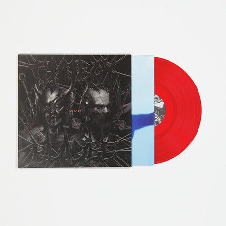 Limited edition AVP red vinyl record displayed with matching cyberpunk album cover