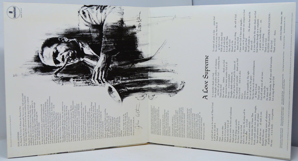 Gatefold artwork of John Coltrane's 'A Love Supreme' vinyl, featuring iconic saxophone illustration and album liner notes