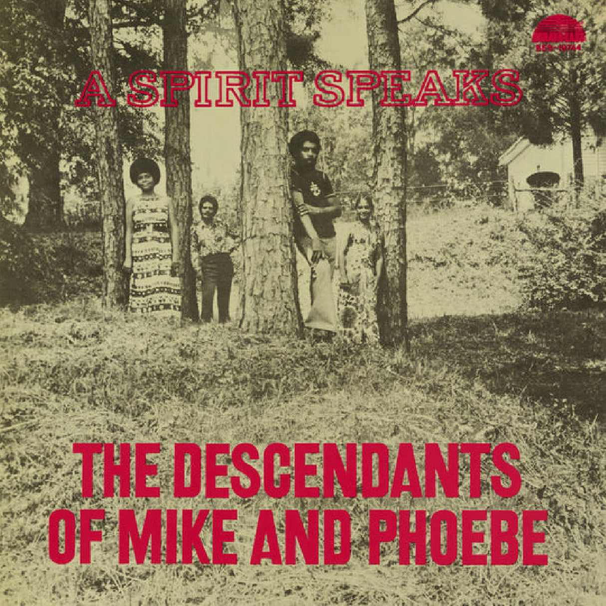 Album cover featuring The Descendants of Mike and Phoebe standing among trees, titled 'A Spirit Speaks'
