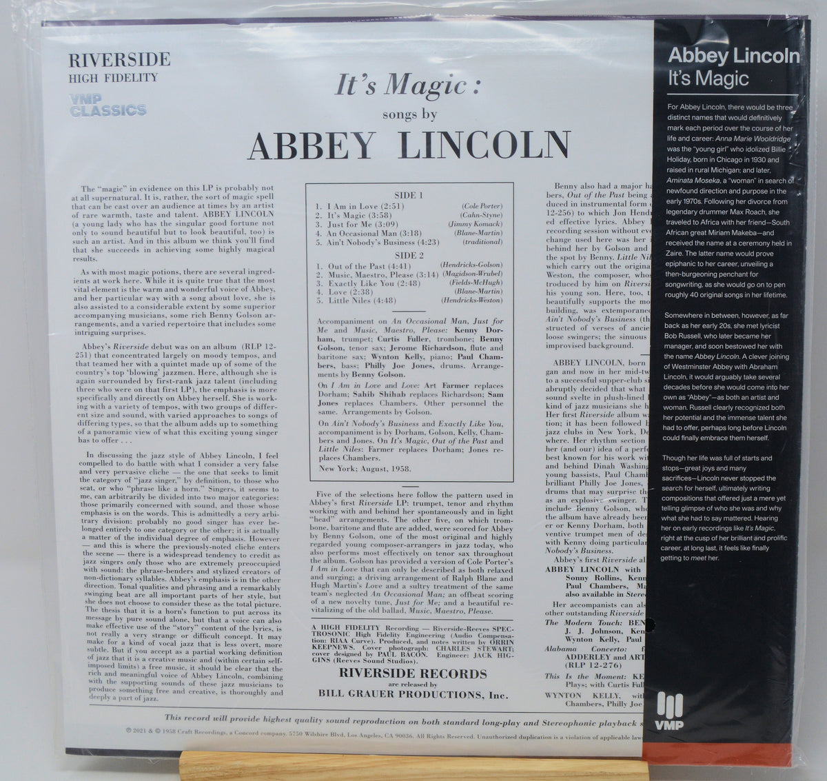 Riverside Records 'It's Magic' Abbey Lincoln vinyl LP back cover, showing tracklist text on a white background with a black spine band on the right.