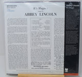 Riverside Records 'It's Magic' Abbey Lincoln vinyl LP back cover, showing tracklist text on a white background with a black spine band on the right.