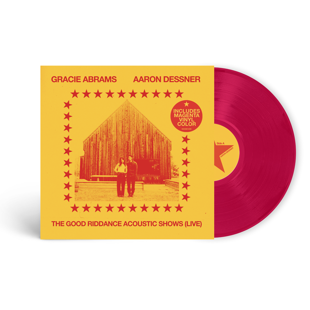 A vinyl record titled 'Gracie Abrams & Aaron Dessner - The Good Riddance Acoustic Shows (Live)' with a red and yellow color scheme, featuring an image of the artists and a live venue.