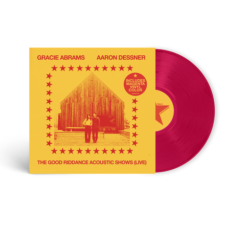 A vinyl record titled 'Gracie Abrams & Aaron Dessner - The Good Riddance Acoustic Shows (Live)' with a red and yellow color scheme, featuring an image of the artists and a live venue.
