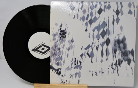 Vinyl record with geometric label and album cover featuring blurred, abstract art