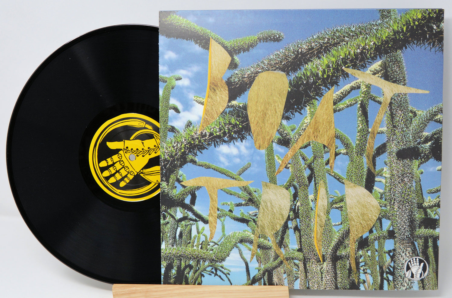 Vinyl record with surreal, abstract cover art featuring spiky green plants and gold shapes under a blue sky