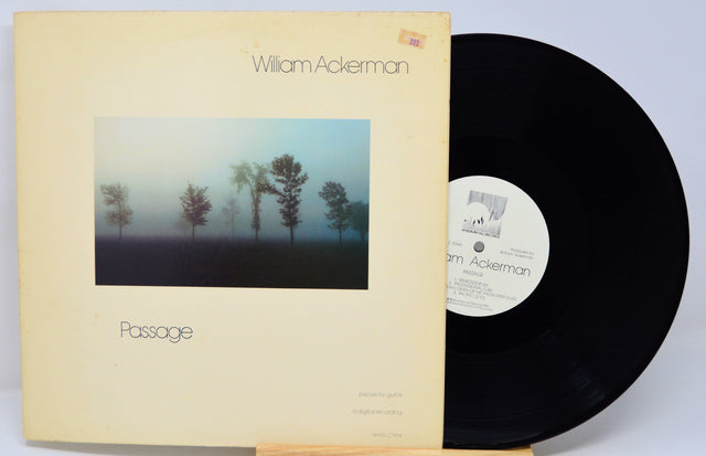 Vinyl record and cover with 'William Ackerman Passage' on a light blue background