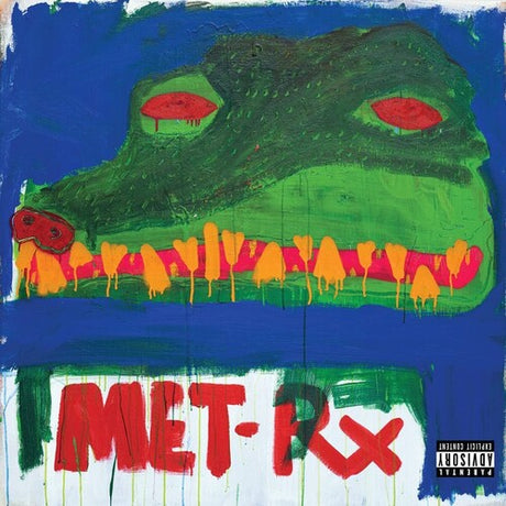 Album cover art for Action Bronson's Cocodrillo Turbo featuring a stylized, painted crocodile head with red eyes and a blue background. The text 'MET-RX' is prominent at the bottom.