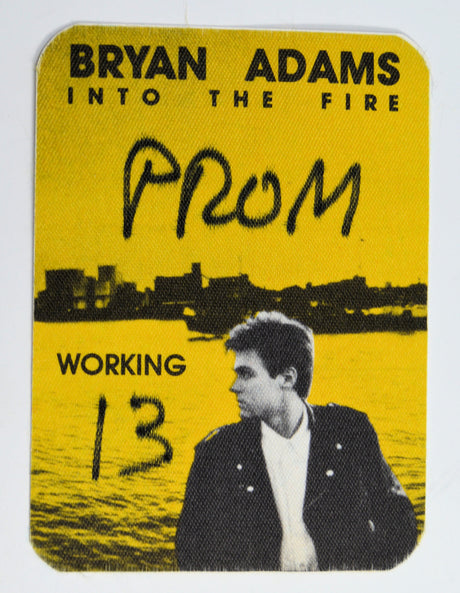 A yellow backstage pass featuring the text 'Bryan Adams - Into The Fire' and 'Working, Unpeeled' with a graphic of a cityscape at night.