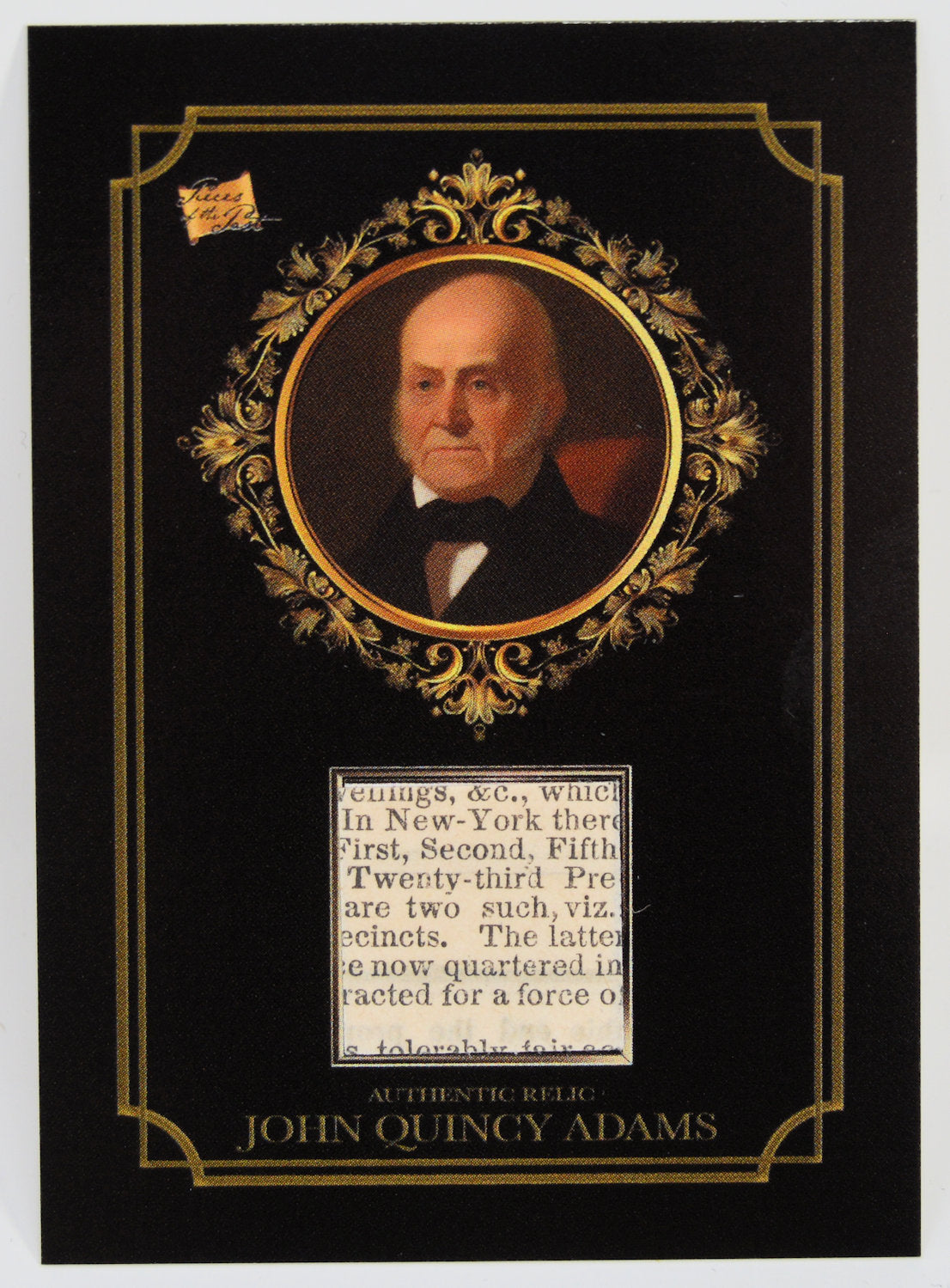 Portrait of John Quincy Adams in an ornate frame with text on a black background