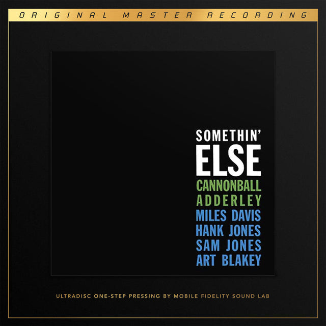 A vinyl record titled 'Somethin' Else' by Cannonball Adderley with a list of artists including Miles Davis and Sam Jones. The label is Mobile Fidelity Sound Lab and the text indicates 'Original Master Recording'.