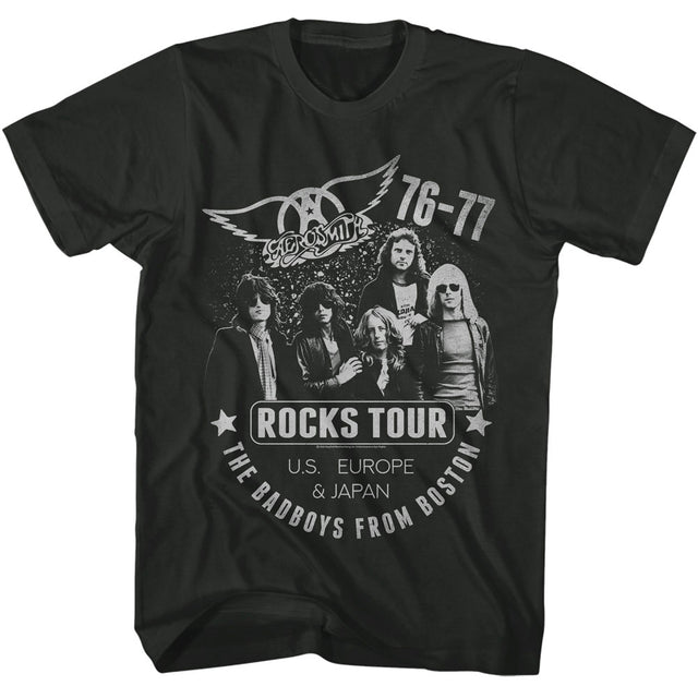 Black t-shirt with band graphic and text on a white background