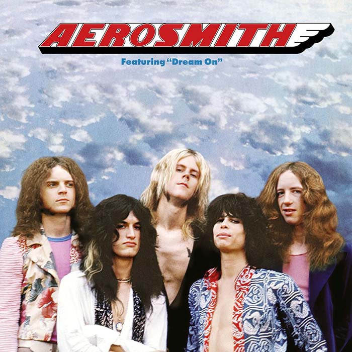 Album cover of Aerosmith featuring band members with a cloudy sky background