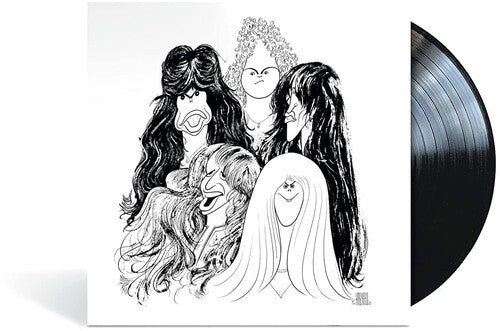 A vinyl record of the album 'Draw The Line' by Aerosmith, featuring a black and white illustration of the band members on the cover.