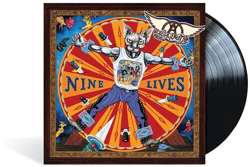 A vinyl record of the Aerosmith album 'Nine Lives' with a colorful album cover featuring an illustration of a character on a horse.