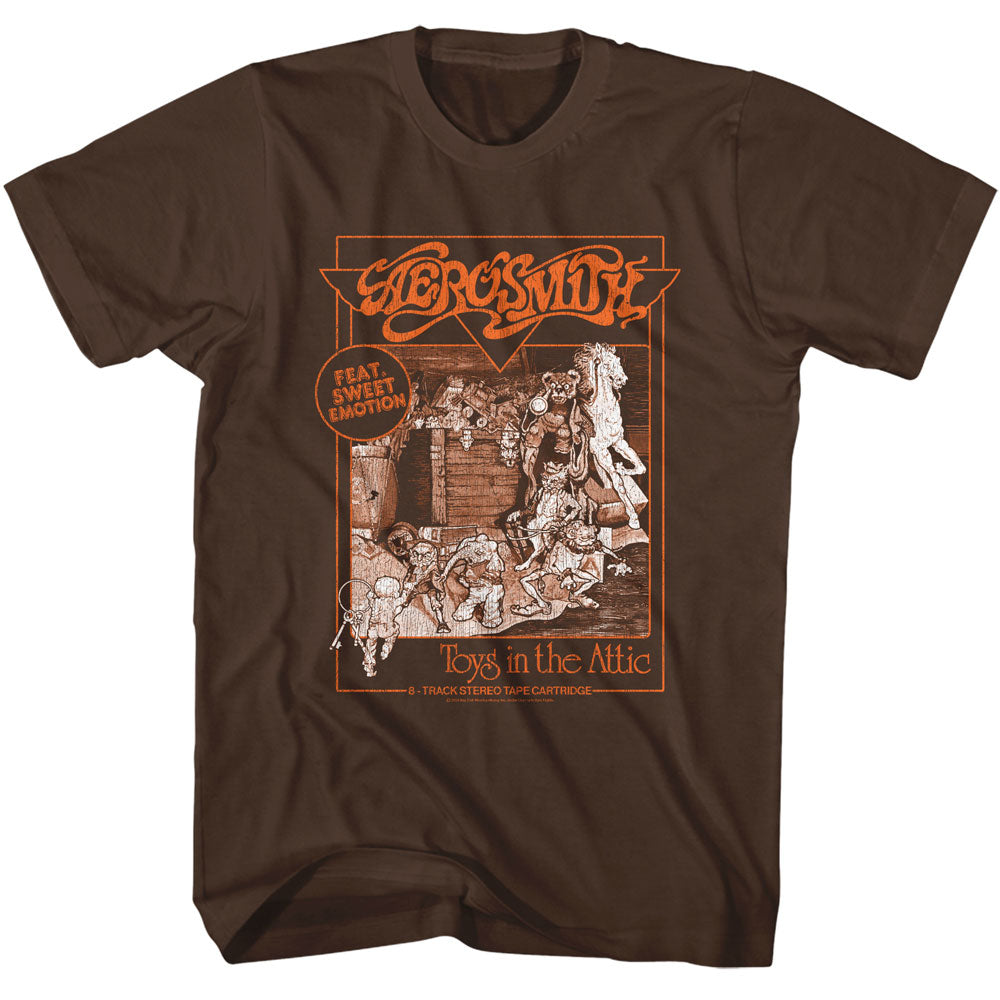 Brown t-shirt with Aerosmith graphic design on a white background