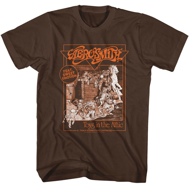 Brown t-shirt with Aerosmith graphic design on a white background
