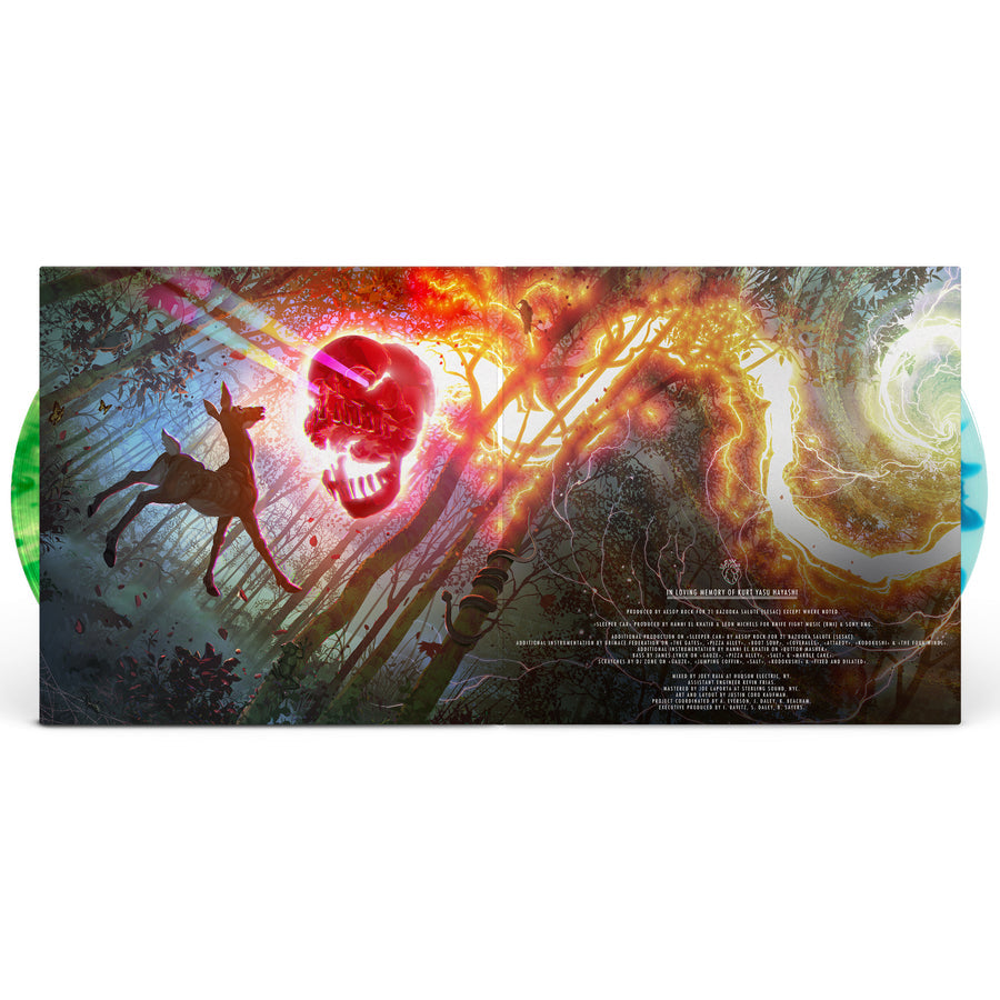 Vinyl record with a colorful cover featuring a deer, skull, and abstract designs.