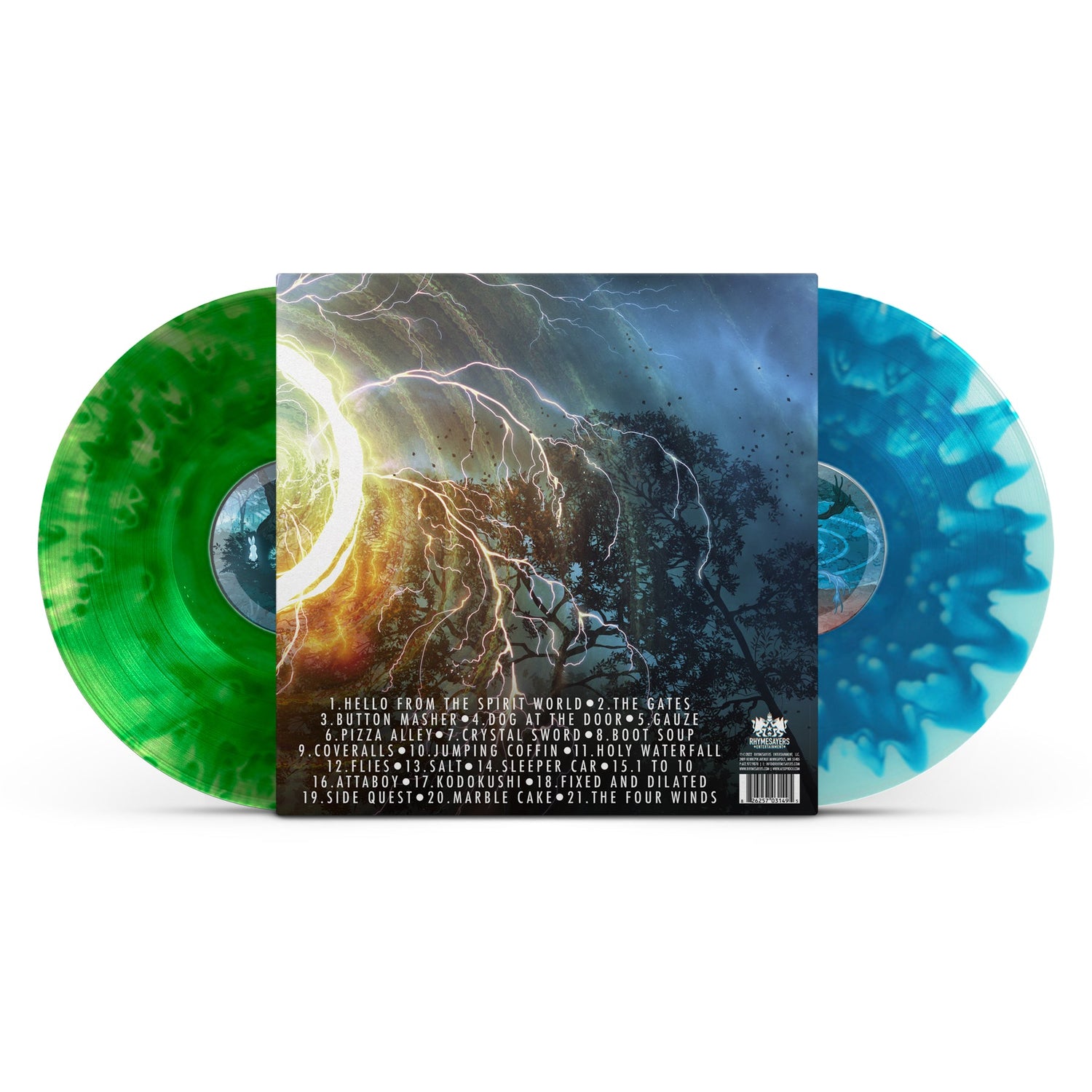 Vinyl records with green and blue marbled design on a white background