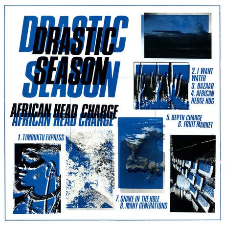 Album cover for 'Drastic Season' by African Head Charge with text and abstract images.