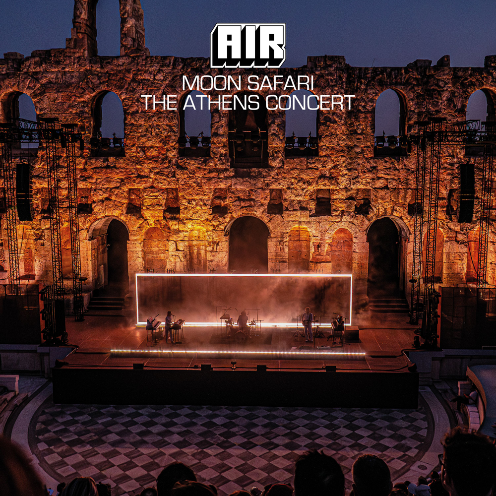 Stage set up in ancient amphitheater with 'AIR' and 'Moon Safari The Athens Concert' text.