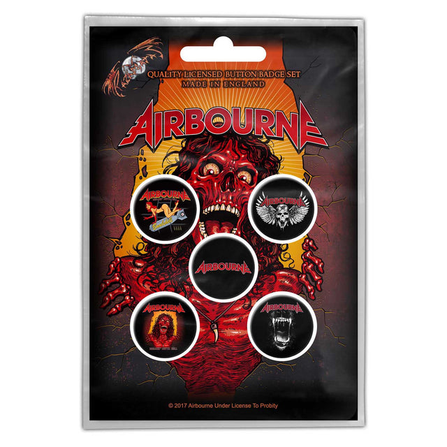 Pack of 5 Airbourne branded plastic button badges with a traditional metal safety pin fastening, displayed in a transparent packaging.