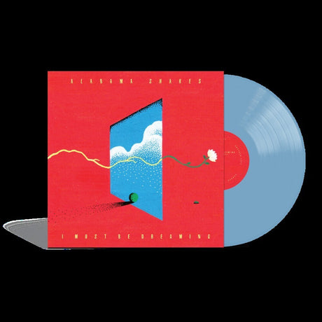 Alabama Shakes - Must Be Dreaming vinyl record album, featuring a red sleeve with a blue door illustration and a light blue translucent vinyl record partially pulled out, shown on a black background.