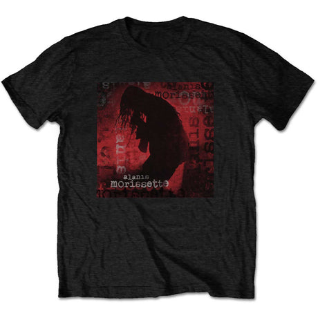 Black t-shirt with a red graphic of a silhouette and text on a white background