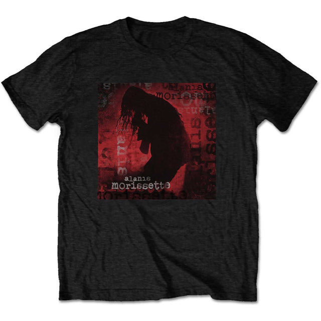 Black t-shirt with a red graphic of a silhouette and text on a white background
