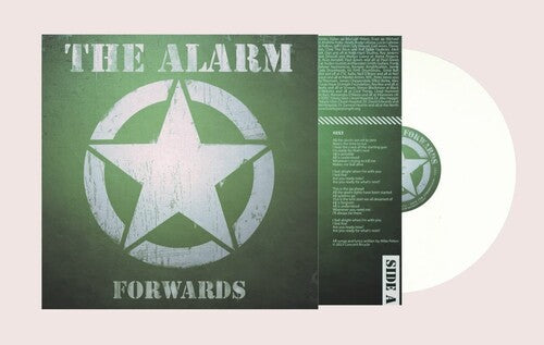 A vinyl record of The Alarm's album 'Forwards' with a green and white cover featuring the band's logo and title.