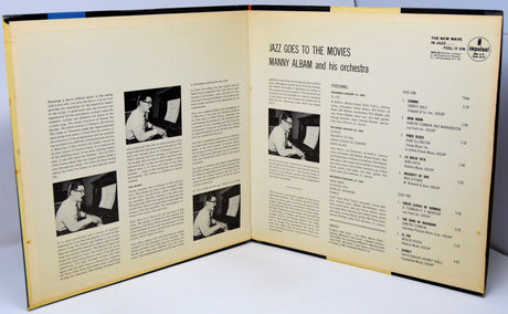 Open album with text and black and white photos on a white background