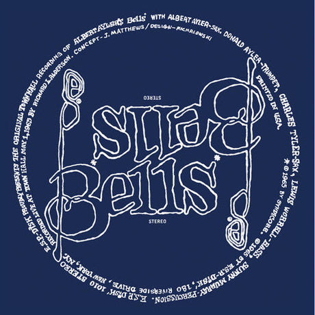 Albert Ayler Bells album cover featuring artistic white text on a blue background