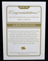 Certificate of authenticity for Albert Einstein relic card by Pieces of the Past