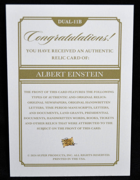 Certificate of authenticity for Albert Einstein relic card by Pieces of the Past